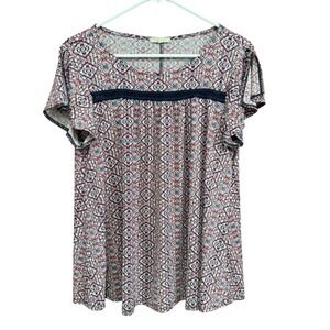 Ava James Women's‎ Top Size L Short Sleeve Geometric Print Casual Blouse
